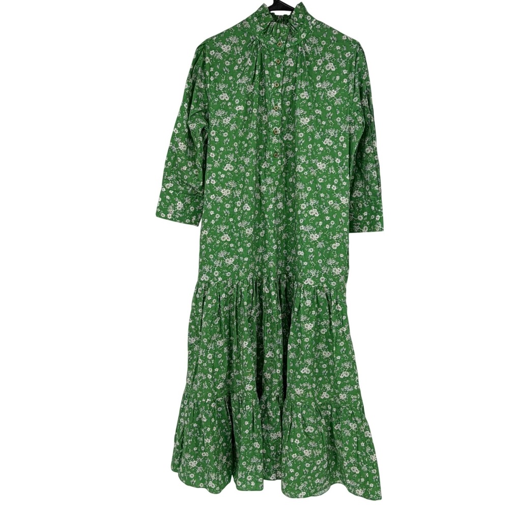 Evi Grintela Green Floral Ruffle Neck Tiered Maxi Shirt Dress Size M Greece
